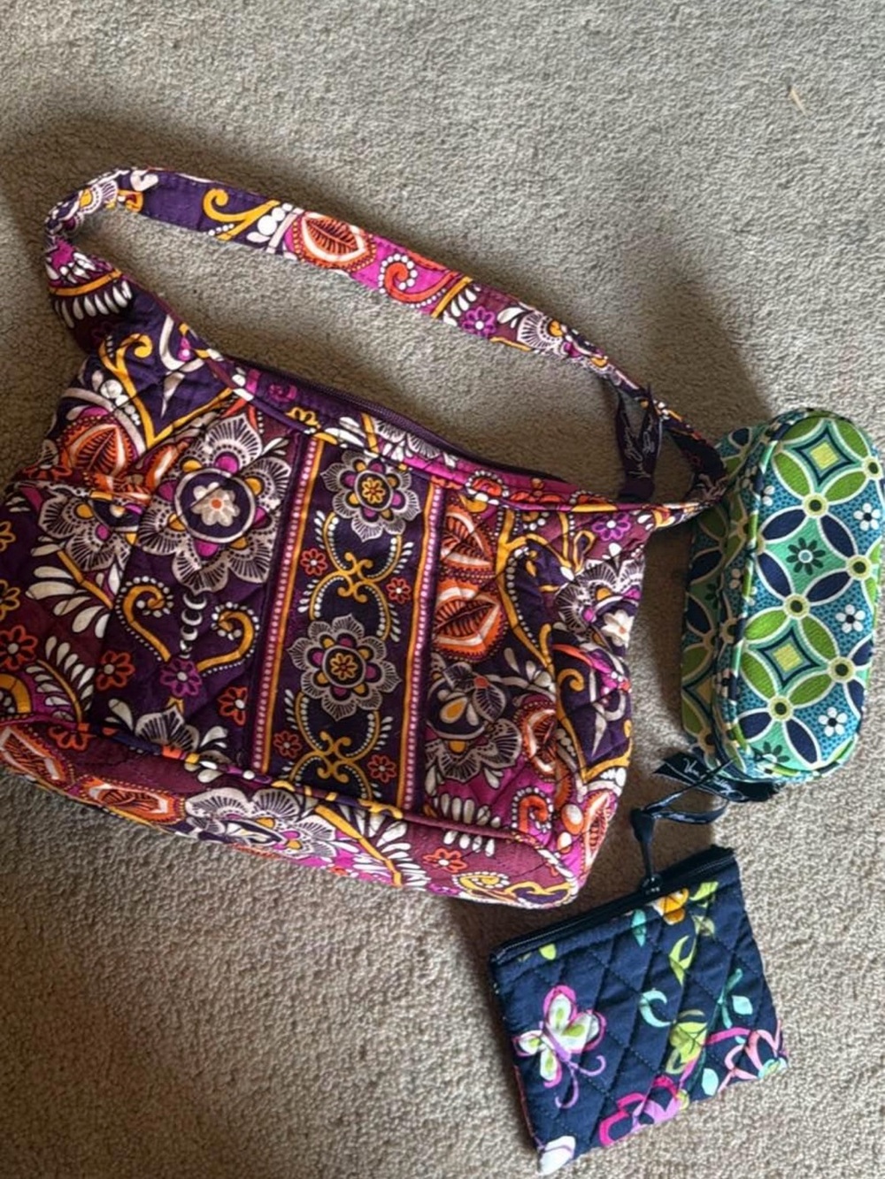 Purple Floral Quilted Shoulder Bag with Pouch Set
